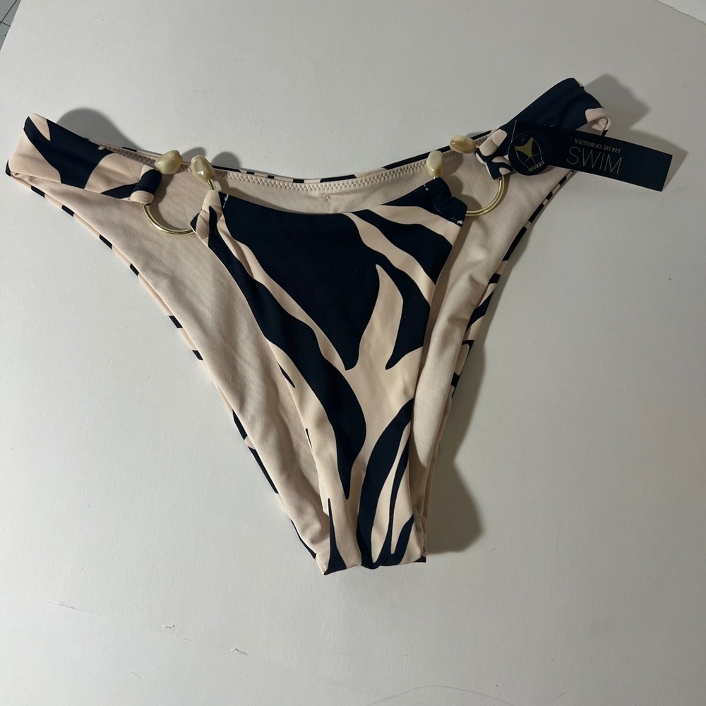 Victoria's Secret Swim Beach Hoops Brazilian Bikini Bottom Black Cream XS NWT